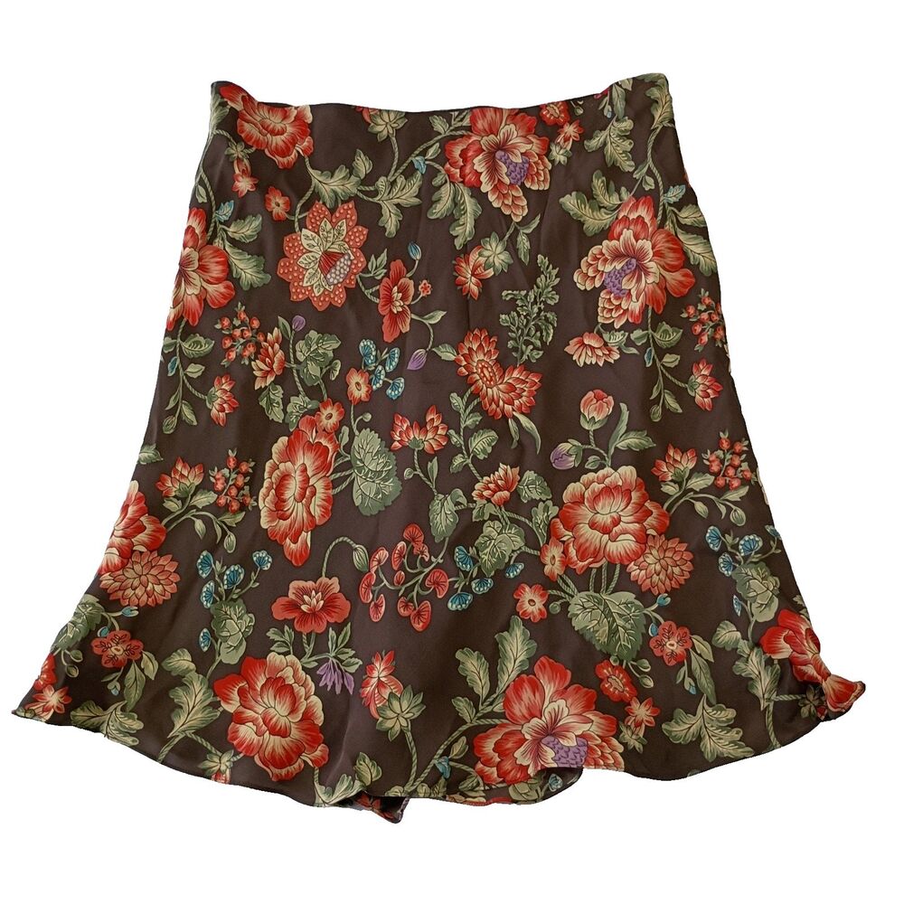 Jones New York Signature Silk Skirt Brown Floral 14 Bloomcore Romantic Feminine